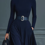 Dark Blue Knitted High-neck Dress（No belt）