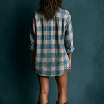 Blue And White Loose Plaid Henley Neck Long Sleeve Mini Dress
