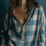 Blue And White Loose Plaid Henley Neck Long Sleeve Mini Dress