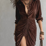 Alessia – Velvet Midi Dress with Pleated Design