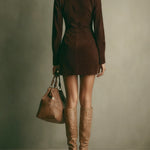 Brown Faux Suede Stand Collar Zipper Mini Dress