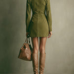 Brown Faux Suede Stand Collar Zipper Mini Dress