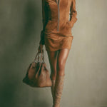 Brown Faux Suede Stand Collar Zipper Mini Dress