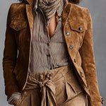 Brown Suede Single-Breasted Lapel Cropped Jacket