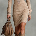 Olga | Suede Midi Dress with Floral Collar