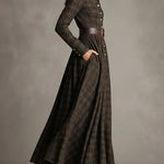 Brown and Black Plaid Lapel Single-Breasted Shirt Long Dress
