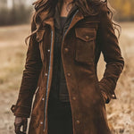 Vintage Suede Lapel Collar Mid-Length Coat Jacket