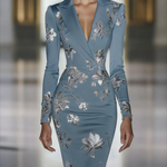 Elegant Blue Floral Print Blazer Midi Dress