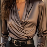 Elegant Solid Color Satin V-neck Long-sleeved Shirt