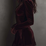 Burgundy Velvet Lace-trimmed V-neck Mini Dress