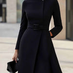 Elegant High-neck Tie-waist A-line Midi Dress (with belt)