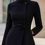 Elegant High-neck Tie-waist A-line Midi Dress (with belt)