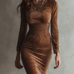Brown Velvet Fitted Waist Lace Midi Dress