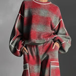 Red and Gray Plaid Color-blocked Sweatshirt and Casual Pants Two-piece set
