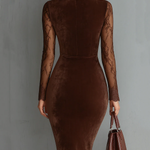 Brown Vintage Keyhole Neckline Lace Sleeve Velvet Mini Dress