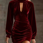 Velvet High-neck Cutout Ruched Mini Dress