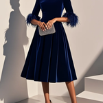 Dark Blue Feather-trimmed Velvet Round Neck Short-sleeved A-line Midi Dress