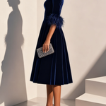 Dark Blue Feather-trimmed Velvet Round Neck Short-sleeved A-line Midi Dress