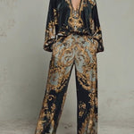 Baroque Ornate Floral Print Top And Wide-leg Trousers Casual Suit