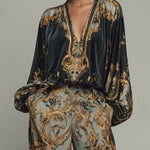 Baroque Ornate Floral Print Top And Wide-leg Trousers Casual Suit