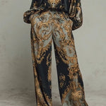 Baroque Ornate Floral Print Top And Wide-leg Trousers Casual Suit