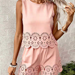 Refined Casual Cutwork Detail Tank Top Short Set
