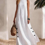 Resort 100% Cotton Sleeveless Maxi Dress with Button Accents
