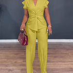 Women's 2 Piece Outfits V Neck Twist Front Slit Top and High Waisted Straight Leg Pants Set Commute Business Casual Suit