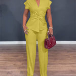 Women's 2 Piece Outfits V Neck Twist Front Slit Top and High Waisted Straight Leg Pants Set Commute Business Casual Suit
