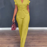Women's 2 Piece Outfits V Neck Twist Front Slit Top and High Waisted Straight Leg Pants Set Commute Business Casual Suit