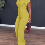 Women's 2 Piece Outfits V Neck Twist Front Slit Top and High Waisted Straight Leg Pants Set Commute Business Casual Suit