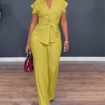 Women's 2 Piece Outfits V Neck Twist Front Slit Top and High Waisted Straight Leg Pants Set Commute Business Casual Suit