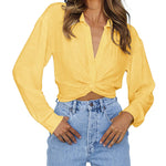 Zeagoo Women's V Neck Twist Hem Blouse Long Sleeve Crop Top Casual Button Shirts