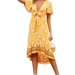 Nadorine Women's Bohemian Floral Tie Front V Neck Midi Dresses