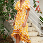 Nadorine Women's Bohemian Floral Tie Front V Neck Midi Dresses