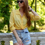 Zeagoo Women's V Neck Twist Hem Blouse Long Sleeve Crop Top Casual Button Shirts