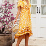 Nadorine Women's Bohemian Floral Tie Front V Neck Midi Dresses