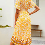 Nadorine Women's Bohemian Floral Tie Front V Neck Midi Dresses