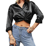 Zeagoo Women's V Neck Twist Hem Blouse Long Sleeve Crop Top Casual Button Shirts