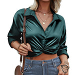 Zeagoo Women's V Neck Twist Hem Blouse Long Sleeve Crop Top Casual Button Shirts