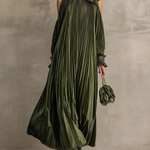 Olive Green Pleated Maxi Dress With Floral Shoulder Detail
