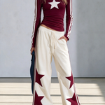 Navy Star Print Long Sleeve Top & Wide-Leg Pants Set