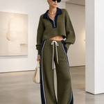 Olive Green Knit Two-Piece Set with Wide-Leg Pants