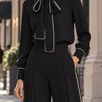 Elegant Black Bow-Neck Blouse & Wide-Leg Pants Set