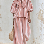 Blush Pink Bow Neck Puff Sleeve Top and Wide-Leg Pants Two-Piece Set
