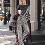 Silver Velvet Top & Leopard Print Wide-Leg Pants Set
