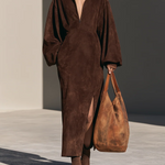 Elegant Brown Suede Half-Zip Long Sleeve Maxi Dress with Side Slit