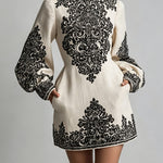 Ivory Black Ornamental Print High-Neck Long Sleeve Mini Dress