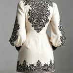 Ivory Black Ornamental Print High-Neck Long Sleeve Mini Dress