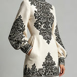 Ivory Black Ornamental Print High-Neck Long Sleeve Mini Dress